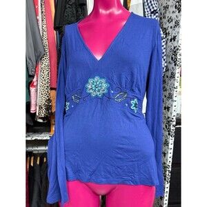 Vintage NY&Co Long Sleeve V Neck Top w/ Embroidered Sequined Flowers size Medium